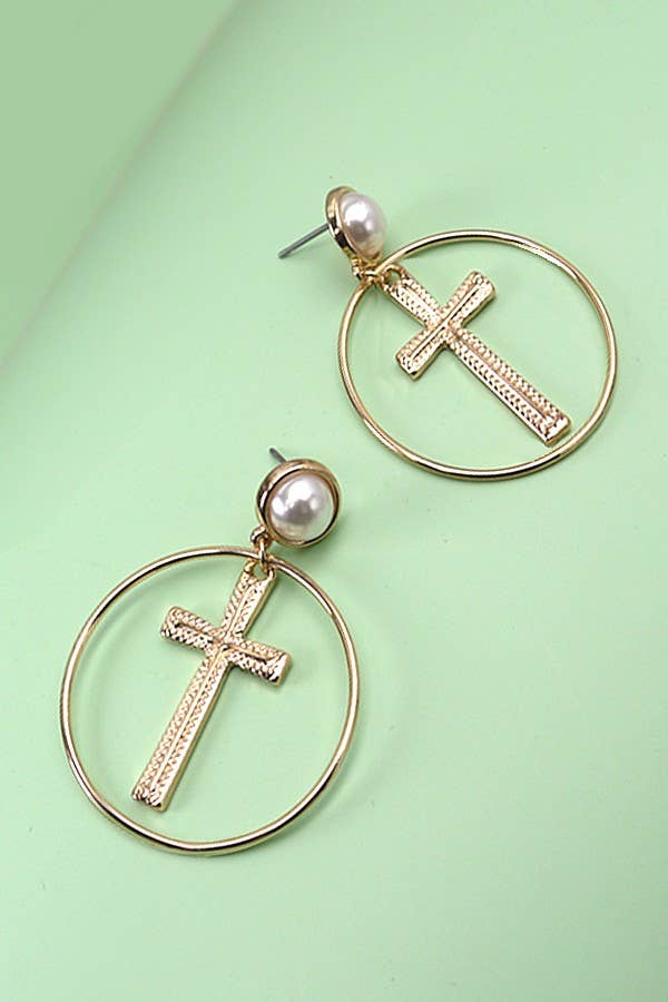 ROUND CROSS DROP PEARL EARRINGS | 80E2580