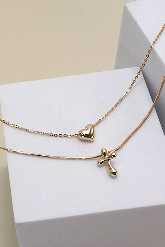 DOUBLE LAYER CHAIN HEART CROSS CHARM NECKLACE | 80N610