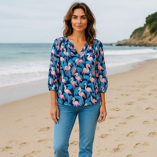 (1112) Crown and Ivy blouse with flamingo print nwt, Large